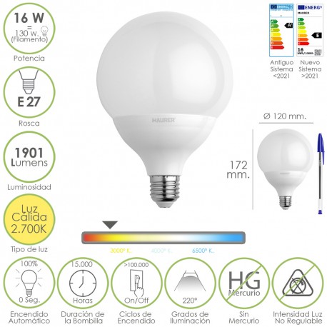 Bombilla Led Globo Rosca E27. 16 Watt. Equivale A 130 Watt. 1901 Lumenes. Luz Cálida (2700º K.)